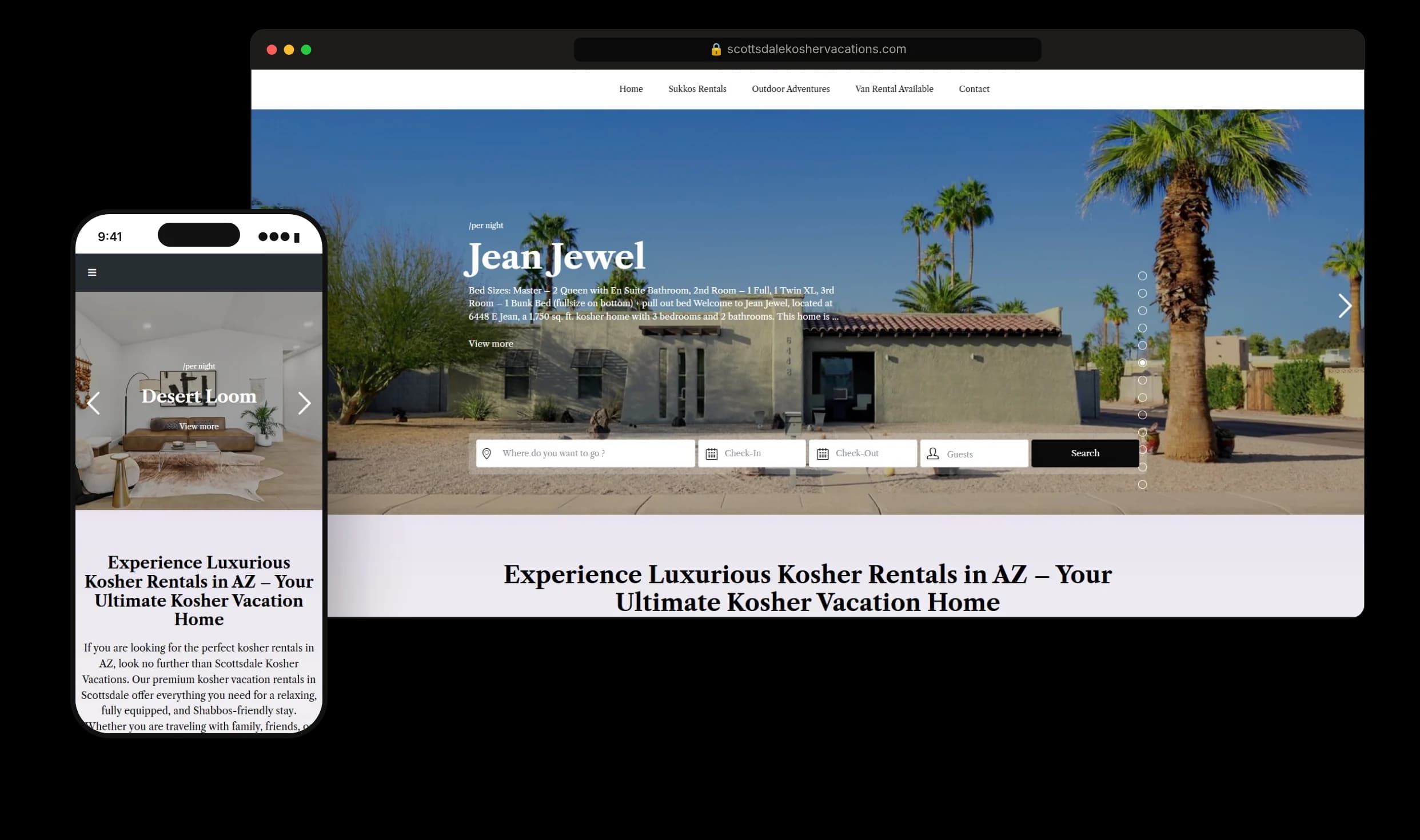 Scottsdale Kosher Vacations website on desktop and mobile