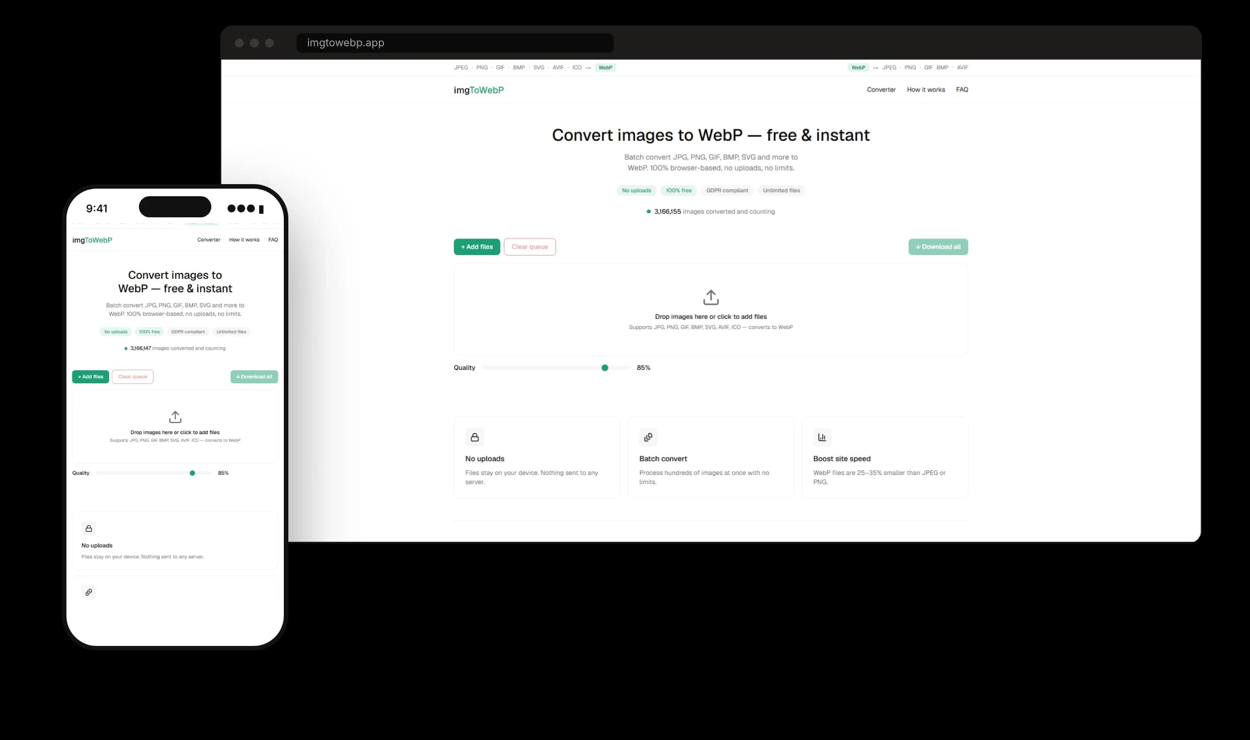 imgToWebP app on desktop and mobile