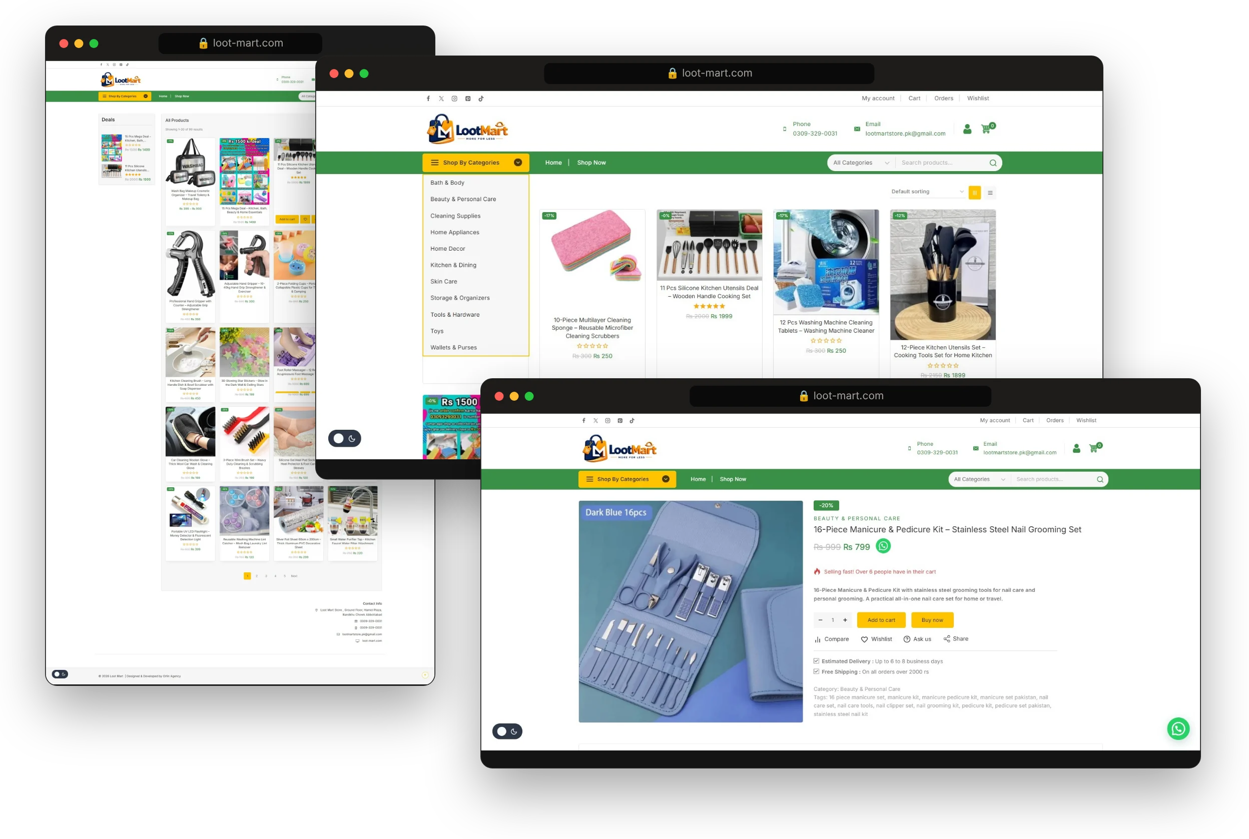 Loot Mart homepage, category menu, and product page